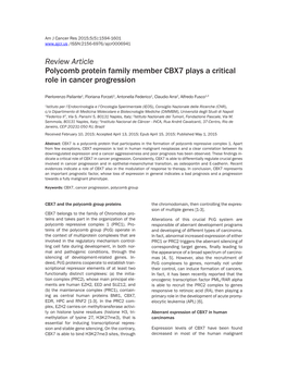 Review Article Polycomb Protein Family Member CBX7 Plays a Critical Role in Cancer Progression