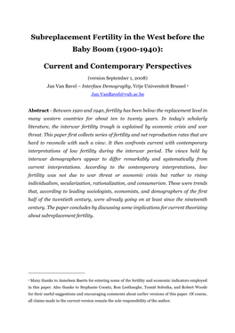 Subreplacement Fertility in the West Before the Baby Boom (1900-1940)