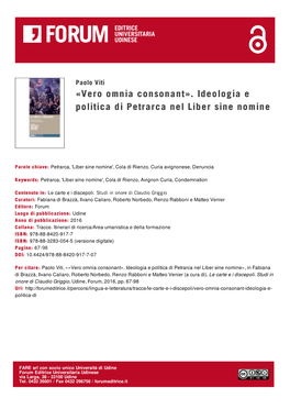 «Vero Omnia Consonant». Ideologia E Politica Di Petrarca Nel Liber Sine Nomine