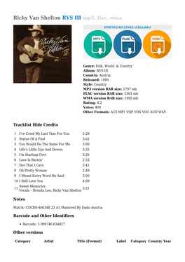 Ricky Van Shelton RVS III Mp3, Flac, Wma