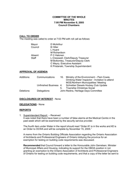 COMMITTEE of the WHOLE MINUTES 7:00 PM November 8, 2005 Council Chambers