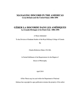 MANAGING DISCORD in the AMERICAS Great Britain and the United States 1886-1896