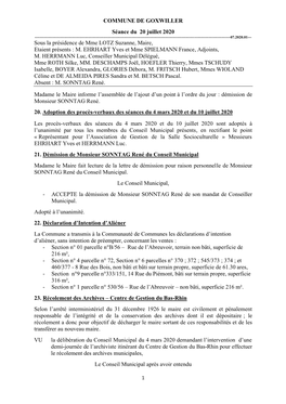 COMMUNE DE GOXWILLER Séance Du 20 Juillet 2020 Sous La Présidence De Mme LOTZ Suzanne, Maire, Etaient Présents