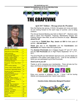 THE GRAPEVINE April 2017 EDMONTON MARIGOLD 55 PLUS RECREATION Zone 6, Alberta 55 Plus