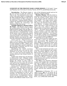 OVERVIEW of the PHOENIX MARS LANDER MISSION. P. H. Smith1, 1Lunar and Planetary Lab, University of Arizona, Tucson, AZ 85721, Psmith@Lpl.Arizona.Edu