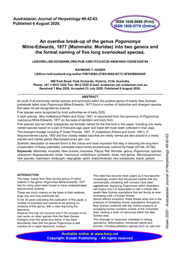 An Overdue Break-Up of the Genus Pogonomys Milne-Edwards, 1877 (Mammalia: Muridae) Into Two Genera and the Formal Naming of Five Long Overlooked Species