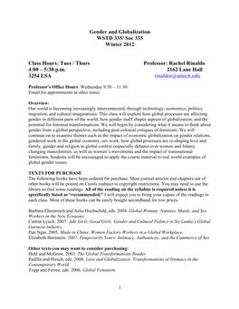 Gender and Globalization WSTD 335/ Soc 335 Winter 2012