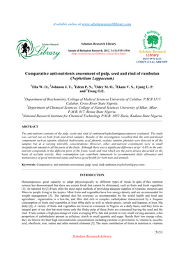 Comparative Anti-Nutrients Assessment of Pulp, Seed and Rind of Rambutan (Nephelium Lappaceum)