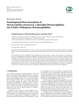 Research Article Nonintegrated Host Association of Myrmecophilus Tetramorii, a Specialist Myrmecophilous Ant Cricket (Orthoptera: Myrmecophilidae)