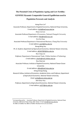 The Potential Crisis of Population Ageing and Low Fertility: GEMTEE Dynamic Computable General Equilibrium Used in Population Forecasts and Analysis