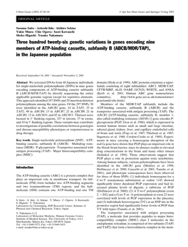 Three Hundred Twenty-Six Genetic Variations in Genes Encoding Nine Members of ATP-Binding Cassette, Subfamily B (ABCB/MDR/TAP), in the Japanese Population