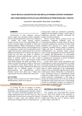 Heavy Metals Concentration and Metallothionein Content in Resident