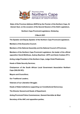State of the Province Address (SOPA) by the Premier of the Northern Cape, Dr Zamani Saul, on the Occasion of the Second Session of the Sixth Legislature