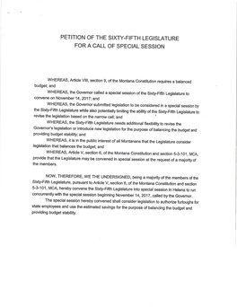Petition of the Sixty-Fifth Legislature for a Call of Special Session