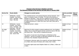 Changes to Bus Services in Brighton and Hove the Following Changes to Bus Services Will Take Place in January 2018