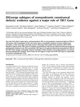 Digeorge Subtypes of Nonsyndromic Conotruncal Defects: Evidence Against a Major Role of TBX1 Gene