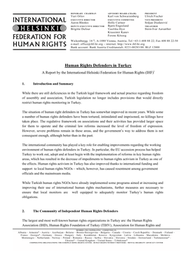 Human Rights Defenders in Turkey a Report by the International Helsinki Federation for Human Rights (IHF)I