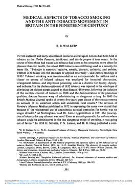 Medical Aspects of Tobacco Smoking and the Anti-Tobacco Movement in Britain in the Nineteenth Century