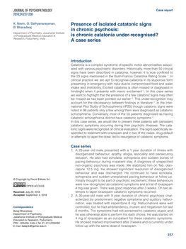 Presence of Isolated Catatonic Signs in Chronic Psychosis