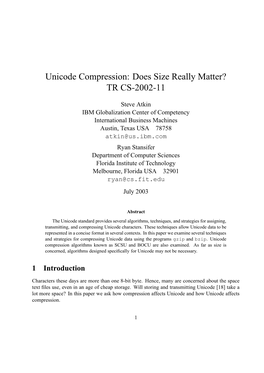 Unicode Compression: Does Size Really Matter? TR CS-2002-11