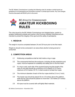 BC Athletic Commissioner Is Posting the Following Rules for Amateur Combat Sports As Guidelines for All Participants and Promoters Involved in Combat Sport Events