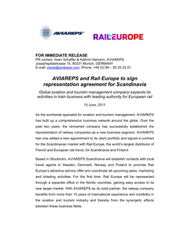 AVIAREPS and Rail Europe to Sign Representation Agreement for Scandinavia