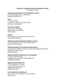 ACCREDITED TRAINING CENTERS for ASSESSMENT of ERSC As of August 31, 2011