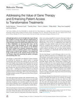 Addressing the Value of Gene Therapy and Enhancing Patient Access to Transformative Treatments