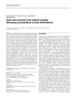 Cycles and Synchrony in the Collared Lemming (Dicrostonyx Groenlandicus) in Arctic North America