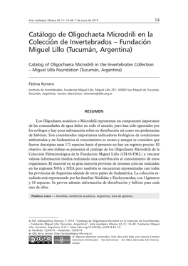 Catálogo De Oligochaeta Microdrili En La Colección De Invertebrados – Fundación Miguel Lillo (Tucumán, Argentina)