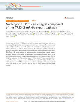 Nucleoporin TPR Is an Integral Component of the TREX-2 Mrna Export Pathway