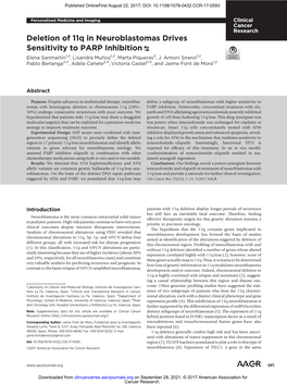 Deletion of 11Q in Neuroblastomas Drives Sensitivity to PARP Inhibition Elena Sanmartín1,2, Lisandra Munoz~ 1,2, Marta Piqueras3, J