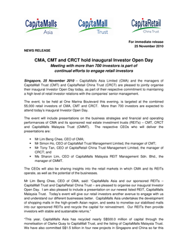 CMA, CMT and CRCT Hold Inaugural Investor Open Day Meeting with More Than 700 Investors Is Part of Continual Efforts to Engage Retail Investors