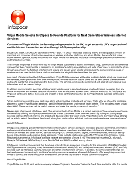 Virgin Mobile Selects Infospace to Provide Platform for Next Generation Wireless Internet Services