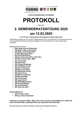 Protokoll 2. Gemeinderatssitzung 2020