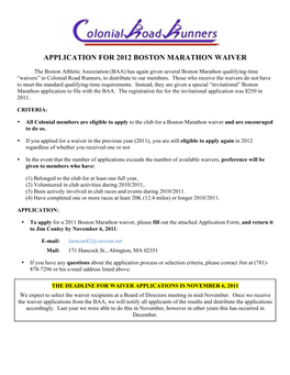Application for 2012 Boston Marathon Waiver