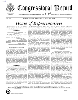 Congressional Record United States Th of America PROCEEDINGS and DEBATES of the 115 CONGRESS, SECOND SESSION