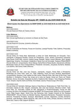 Boletim Da Sala De Situação SP / DAEE Do Dia 23/01/2020 08:30