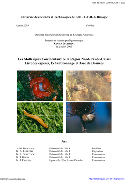 Les Mollusques Continentaux De La Région Nord-Pas-De-Calais Liste Des Espèces, Échantillonnage Et Base De Données