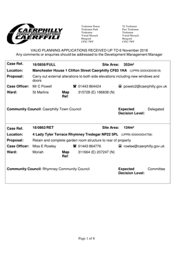 Page 1 of 8 VALID PLANNING APPLICATIONS RECEIVED up to 6 November 2018 Any Comments Or Enquiries Should Be Addressed to the Deve