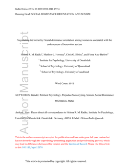 Social Dominance Orientation Among Women Is Associated with the Endorsement of Benevolent Sexism