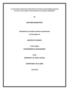 An Investigation Into the Effectiveness of Household Solid Waste Management Strategies in Harare, Zimbabwe