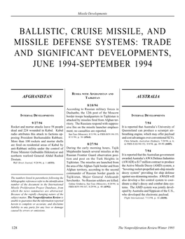 Ballistic, Cruise Missile, and Missile Defense Systems: Trade and Significant Developments, June 1994-September 1994