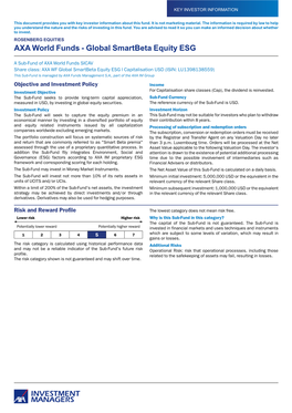 AXA WF Global Smartbeta Equity ESG I Capitalisation USD (ISIN: LU1398138559) This Sub-Fund Is Managed by AXA Funds Management S.A., Part of the AXA IM Group