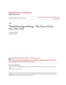 “Beautiful and Good Things”: the Dress of Anaïs Nin, 1931-1932 Gwendolyn Michel Iowa State University