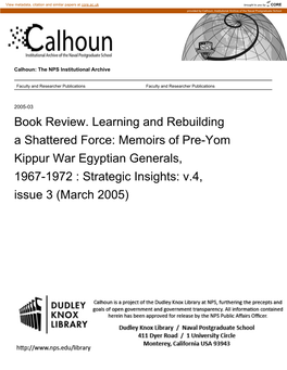 Memoirs of Pre-Yom Kippur War Egyptian Generals, 1967-1972 : Strategic Insights: V.4, Issue 3 (March 2005)