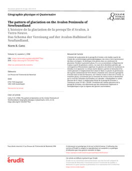 The Pattern of Glaciation on the Avalon Peninsula of Newfoundland L’Histoire De La Glaciation De La Presqu’Île D’Avalon, À Terre-Neuve