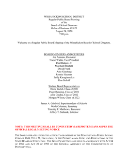 WISSAHICKON SCHOOL DISTRICT Regular Public Board Meeting of the Board of School Directors Order of Business #18-20 August 24, 2020 7:00 P.M
