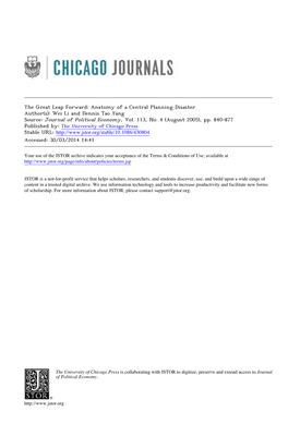 The Great Leap Forward: Anatomy of a Central Planning Disaster Author(S): Wei Li and Dennis Tao Yang Source: Journal of Political Economy, Vol