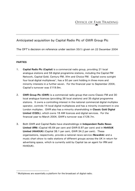 Anticipated Acquisition by Capital Radio Plc of GWR Group Plc